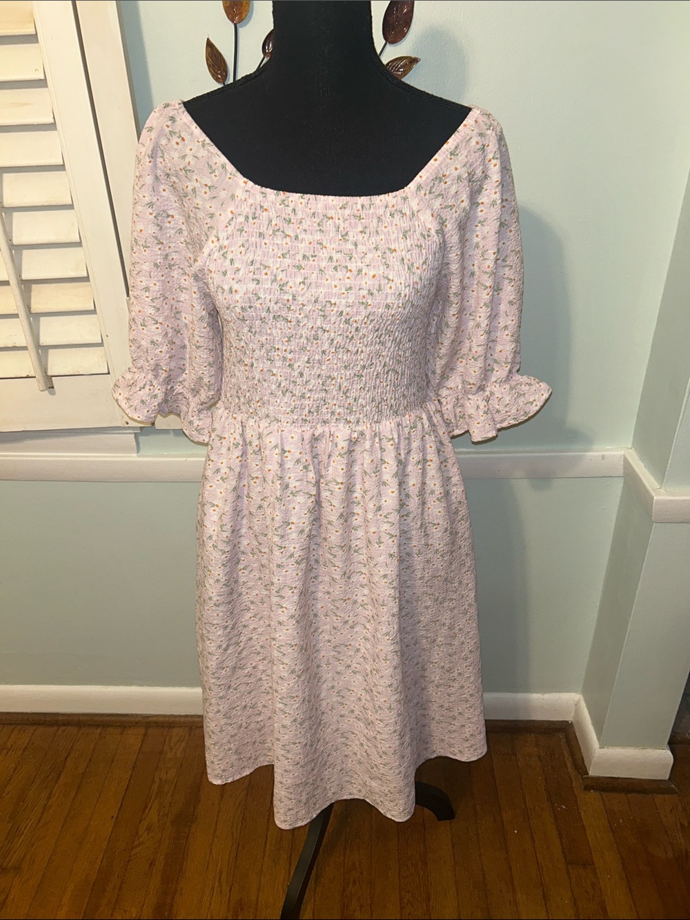 Smocked Bodice Midi Dress in Light Pink Floral